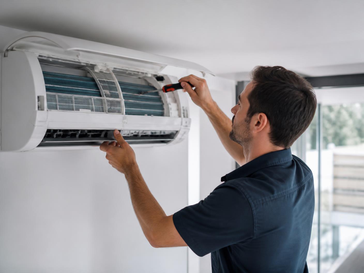 Air conditioning technician servicing an indoor unit